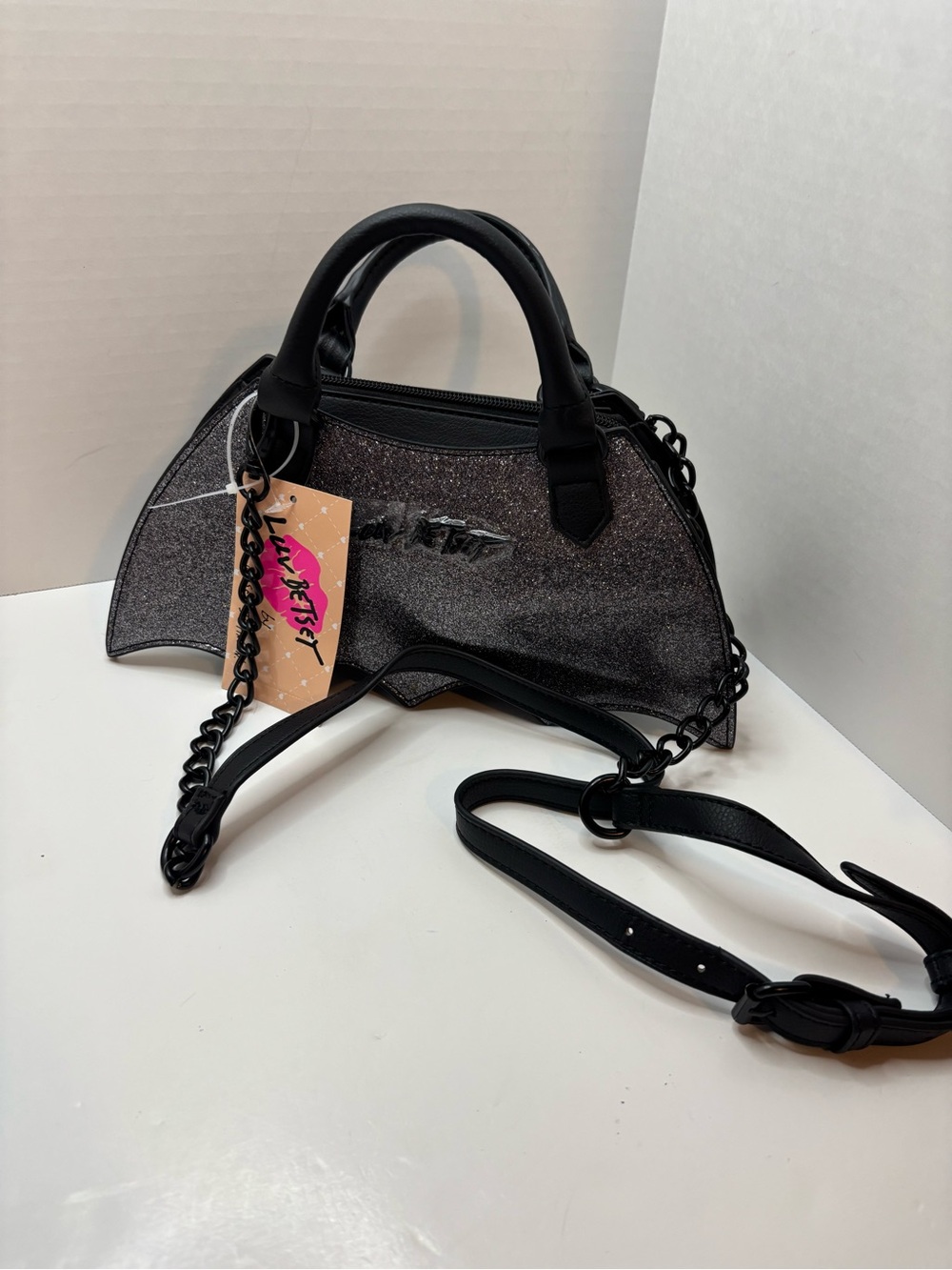 Betsey Johnson Black Glitter Bat Wing Satchel Handbag Crossbody